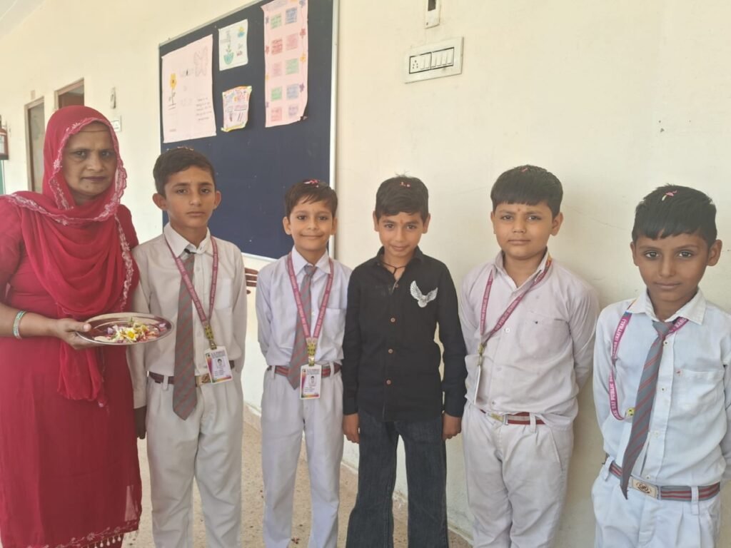 Students and a teacher during a welcoming school activity.